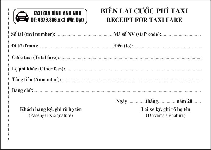 In hóa(chǎn) ??n biên lai phi?u thu c??c phí taxi t?i Hà N?i